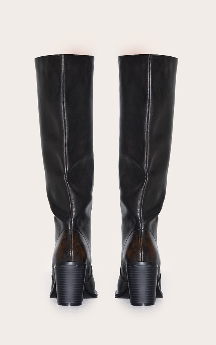 Brown Burnish Pu Square Toe High Block Heel Knee High Boots | PrettyLittleThing UK