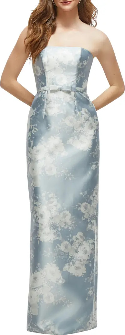 Alfred Sung Floral Strapless Bow Belt Satin Twill Column Gown | Nordstrom | Nordstrom