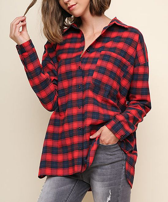 Red Plaid Geometric Back Button-Up Top - Women | Zulily