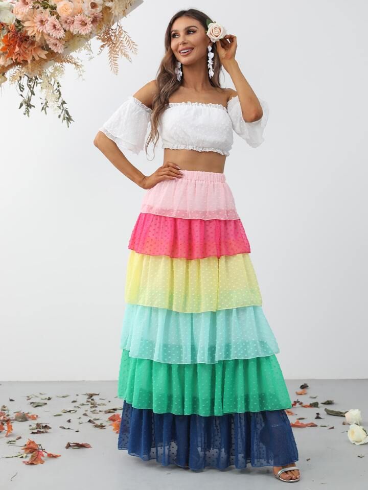 Swiss Dot Off Shoulder Crop Chiffon Top & Layered Hem Skirt | SHEIN