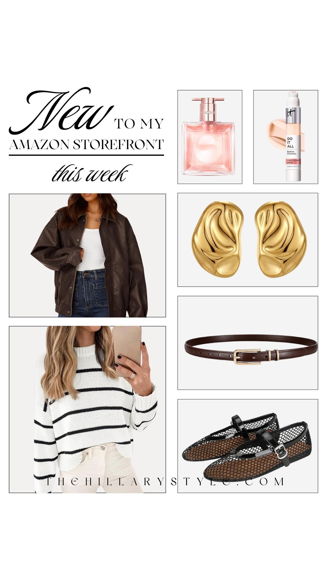 Polished, cozy, and perfect for early fall 🍂 Loving this round-up of Amazon finds — from a faux leather jacket and striped sweater to the trending mesh ballet flats and chunky gold earrings. I also included the Lancome fragrance I always reach for, IT Cosmetics concealer, and a dark brown belt that instantly pulls a look together.

#LTKStyleTip #LTKOver40 #LTKBeauty
