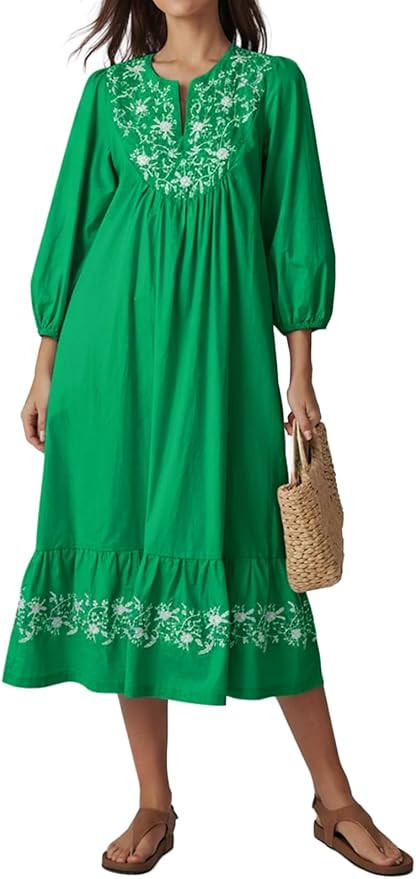 EZAPINE Women Spring Midi Dress 2026 Summer Dresses for Women Embroidered V-Neck 3/4 Sleeve A-Lin... | Amazon (US)