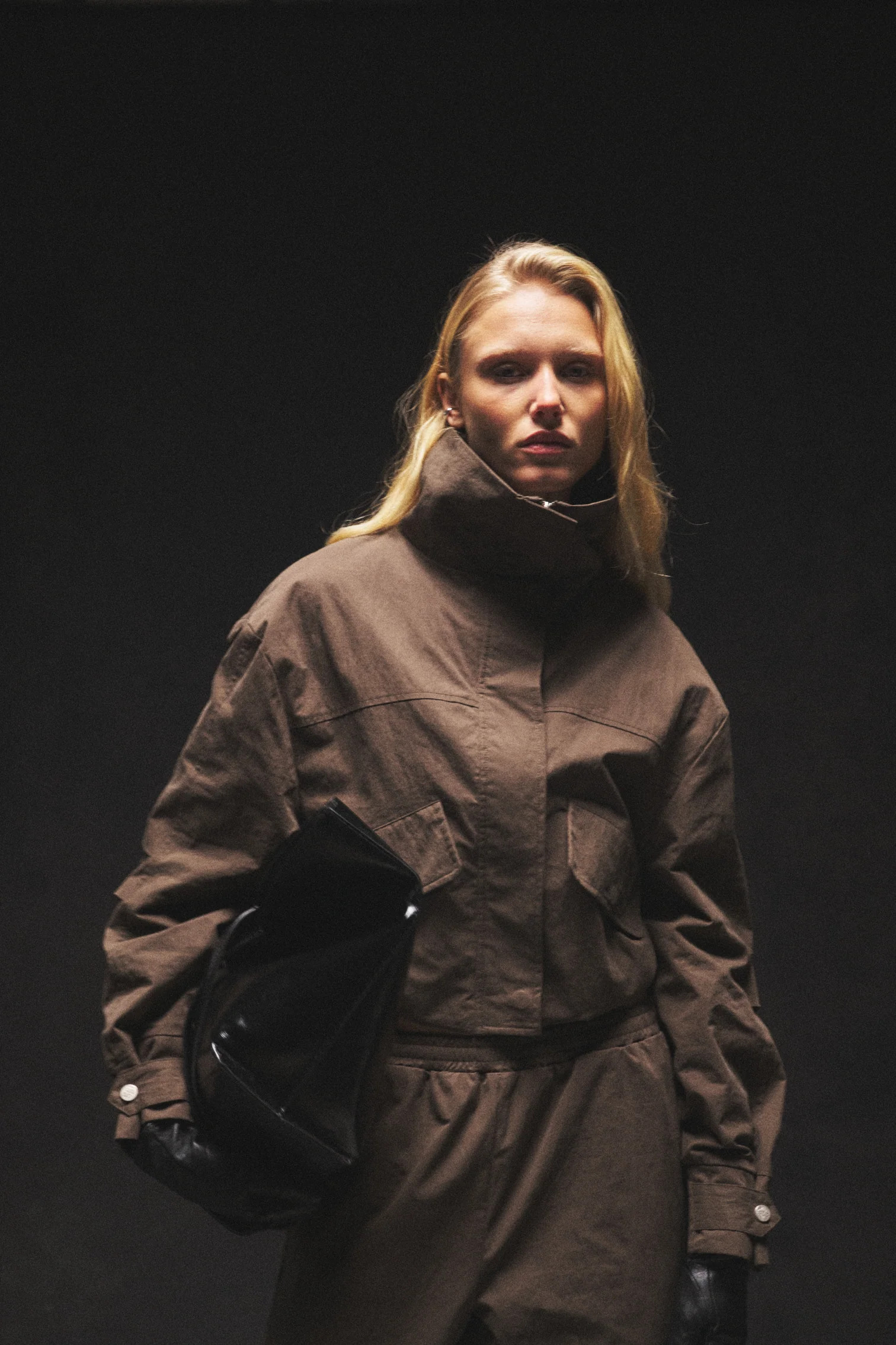 FUNNEL NECK SHELL JACKET - BROWN | The Couture Club