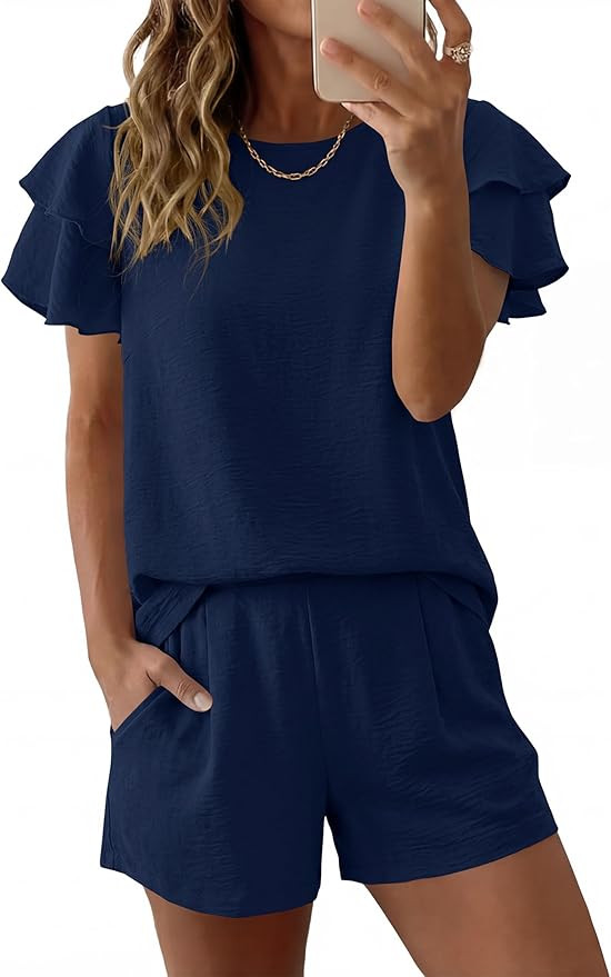 KIRUNDO 2 Piece Sets For Women Summer Ruffle Short Sleeve Top Elastic Waist Pants Matching Lounge... | Amazon (US)