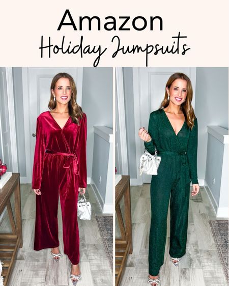 Amazon holiday outfits. Holiday party. Christmas party outfit. Velvet jumpsuit. NYE outfit. Date night outfit. Party outfit. Wedding guest outfit. Winter wedding. Sparkly jumpsuit. Bow heels are TTS. 

*Wearing smallest size in each. 

#LTKparties #LTKHoliday #LTKwedding
