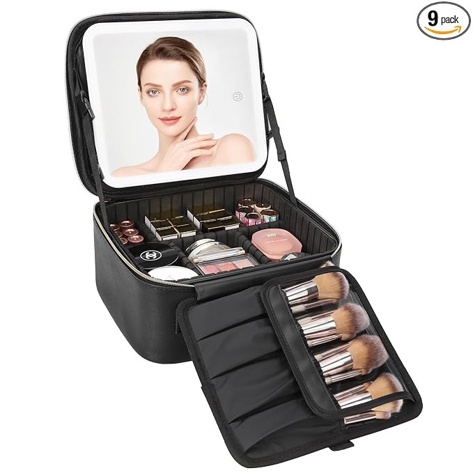 Relavel Travel Makeup Bag With LED Mirror, Cosmetic Train Case with Light up Mirror, Portable Mak... | Amazon (US)