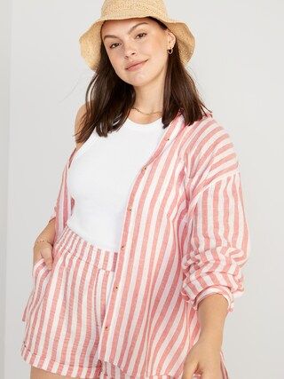 Oversized Striped Linen-Blend Boyfriend Shirt for Women | Old Navy (US)