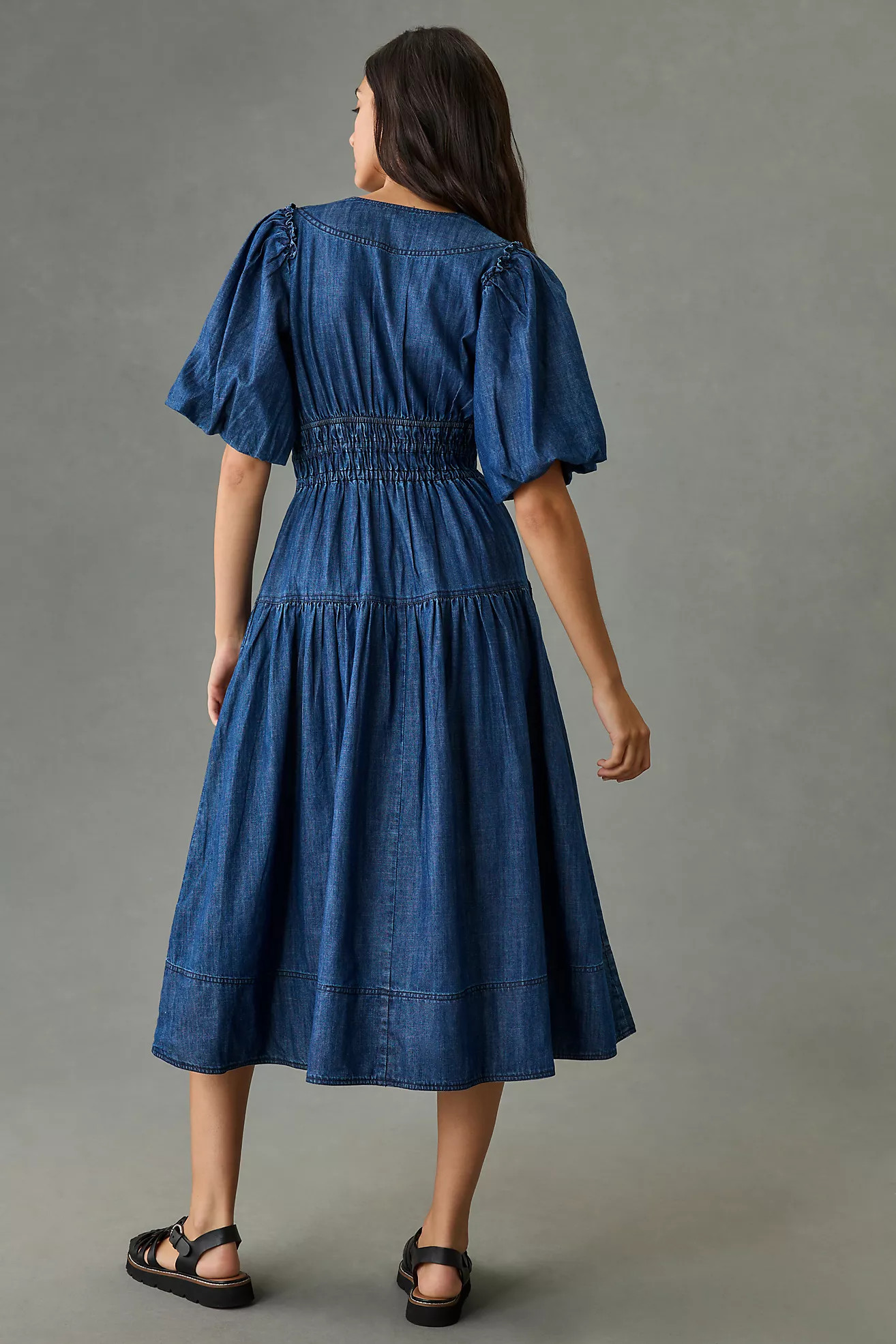 Pilcro Smocked Puff-Sleeve Denim Dress | Anthropologie (US)