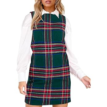 Women's Plaid Christmas Dress Mini Sleeveless Round Neck A Line Short Xmas Party Dresses | Amazon (US)