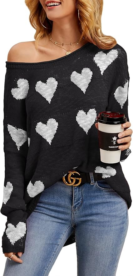 Tutorutor Womens Cute Love Heart Print Sweaters Oversized Off The Shoulder Loose Knitted Valentin... | Amazon (US)