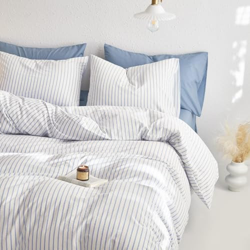 Wake In Cloud - Striped Cotton Duvet Cover Set, Ticking Stripe Vertical Pinstripe Farmhouse, 100% Washed Cotton Textured Percale Bedding Set, 3 Pieces, Blue White, Queen Size | Amazon (US)