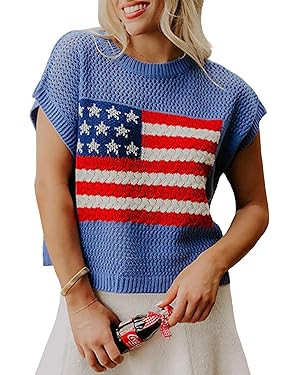 SELINK Womens Summer Crochet Tops Hollow Out Cap Sleeve American Flag Crew Neck Graphic Pullover ... | Amazon (US)