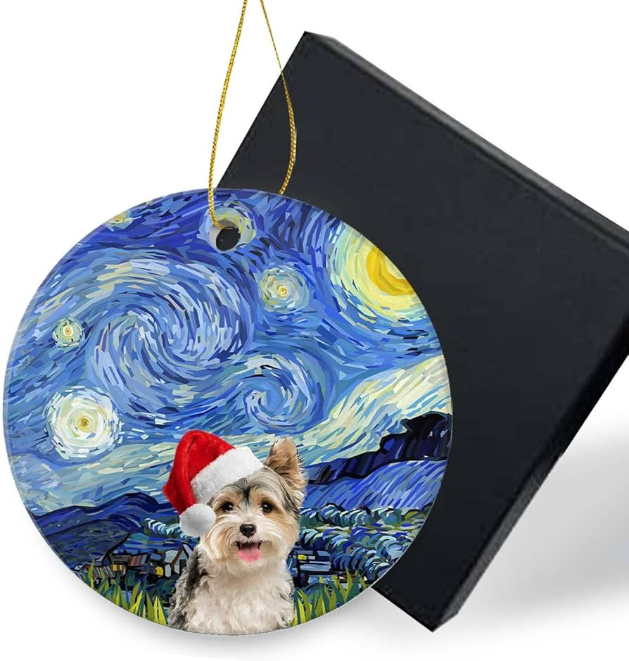 Yorkshire Terrier Christmas Ornaments 2024-Funny Santa Hat Dog Round Ceramics Ornament Porcelain ... | Amazon (US)