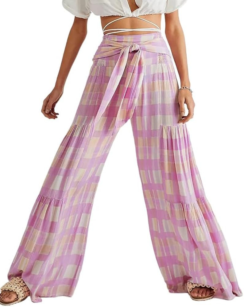 Lrady Women Wide Leg Palazzo Lounge Pants Printed Beach Summer Boho Tie-Waist Bell Bottoms Trouse... | Amazon (US)