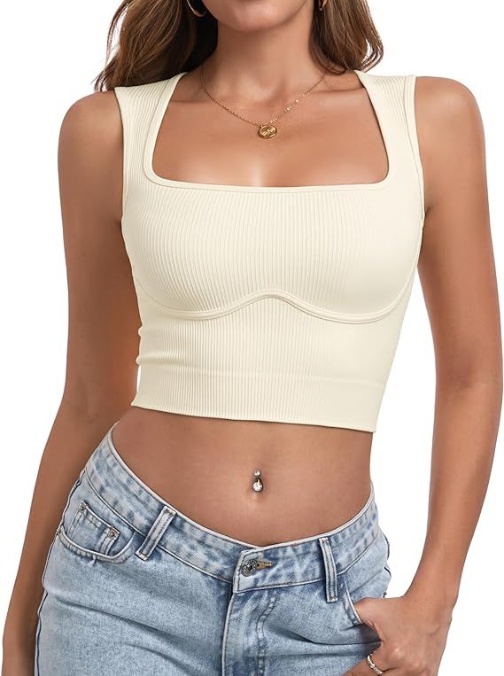 OLCHEE Womens Ribbed Crop Tank Tops Seamless Square Neck Trendy Going Out Basic Shirts 2024 Summe... | Amazon (US)