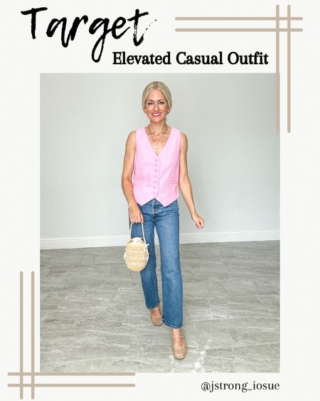 Elevated casual outfit idea from Target! Tailored vest is lined and buttons are functional. Wear alone or with a shirt or blouse underneath. Jeans are a relaxed fit, ankle length. Pair with mesh rhinestone flats and straw purse with Pearl detailing 

#LTKStyleTip #LTKFindsUnder50