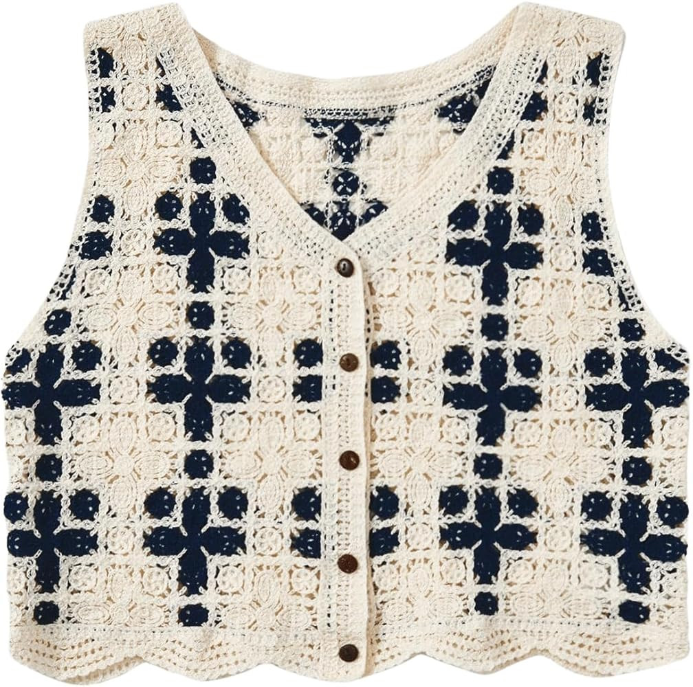 Floerns Women's Argyle V Neck Button Front Cardigan Sleeveless Knit Sweater Vest | Amazon (US)