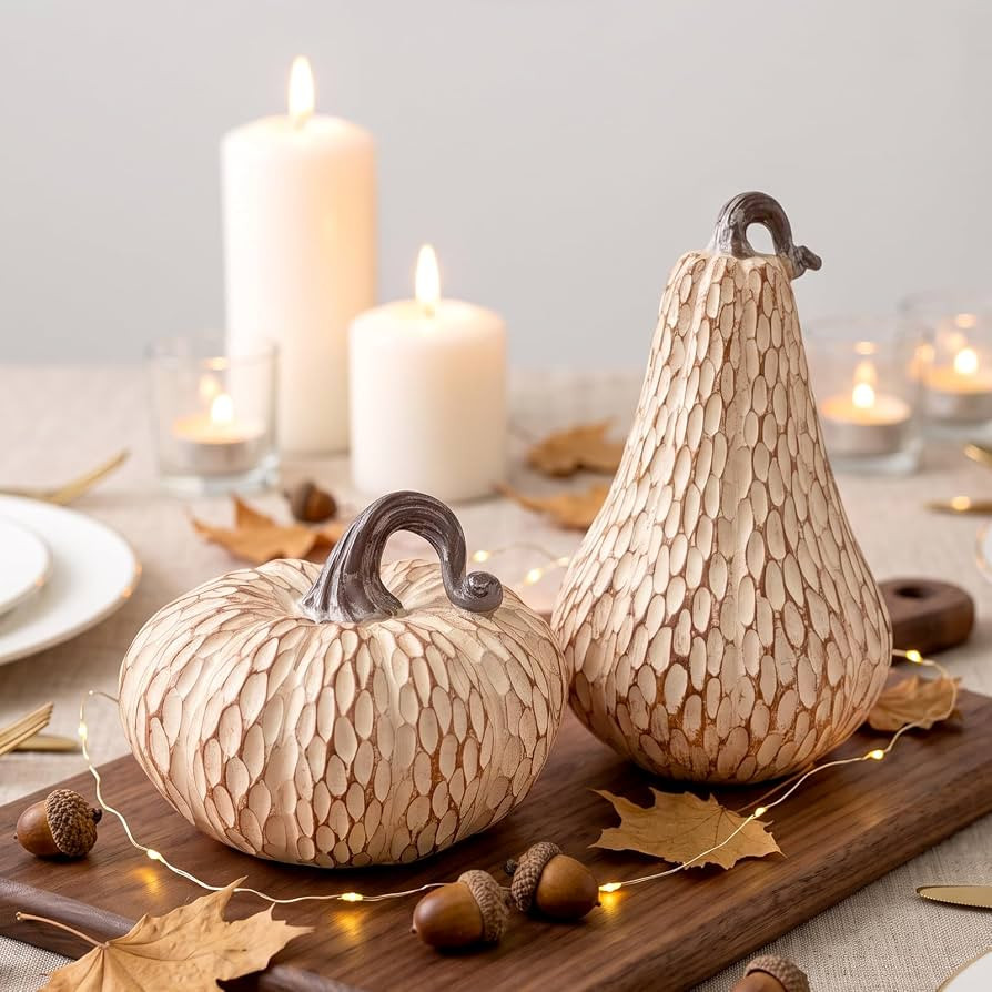 Resin Pumpkin Decor Set of 2, Brown and White Fall Decorations for Home, Small Faux Pumpkins for ... | Amazon (US)