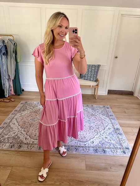 Another pink dress 😆 lots of pretty feminine details on this - flutter sleeves and a small rik rak detail trim. This also has pockets. It’s definitely work appropriate as well! I’m wearing a med  

#LTKSeasonal #LTKWorkwear #LTKMidsize