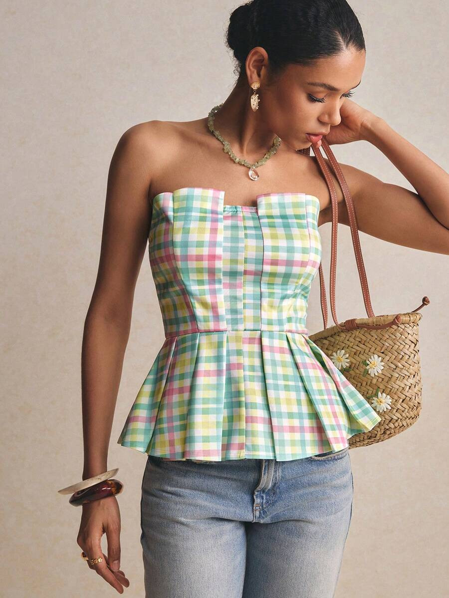 Poéselle Women's Summer Elegant Plaid Print Tube Top,White Chic Waist Gathered Pleated Blouse,Ho... | SHEIN