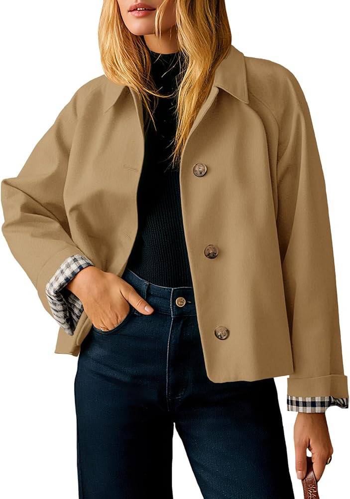 Tankaneo Womens Cropped Trench Coat Lightweight Single Breasted Jacket Fall Windbreaker Fashion O... | Amazon (US)