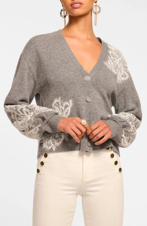 Ramy Brook Perry Lace Accent Wool & Cashmere Cardigan in Heather Grey Combo at Nordstrom, Size Medium | Nordstrom