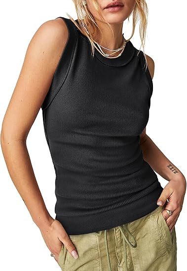 EADINVE Womens Summer Tank Tops Ribbed Sleeveless Basic Solid Shirts Slim Round Neck Stretch | Amazon (US)