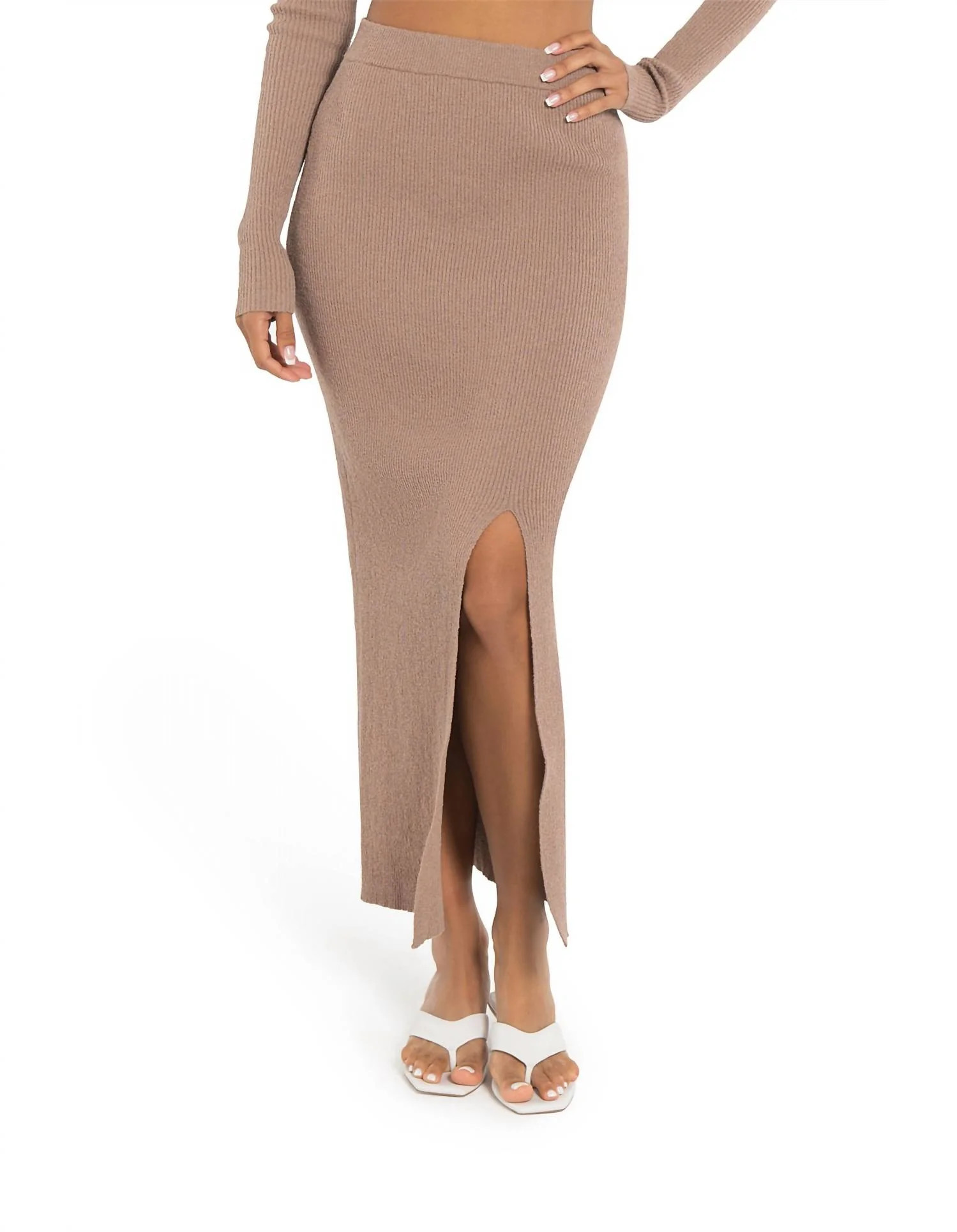 Ribbed Knit Midi Skirt In Brown | Shop Simon
