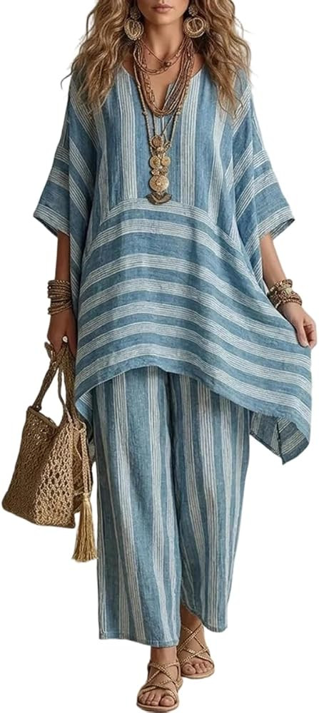Women's Striped 2-Piece Outfit, Loose V-Neck Tunic Top & Wide Leg Pants Set, Summer Set for Beach... | Amazon (US)