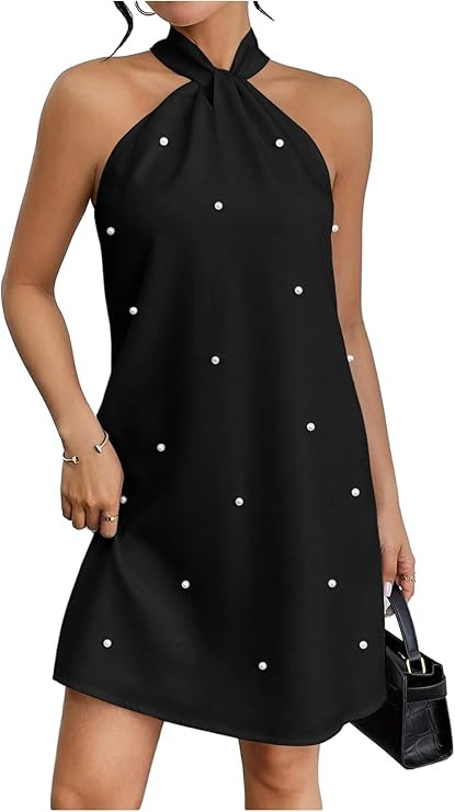 Floerns Women's Pearl Beaded Halter Twist Sleeveless Tie Back Dress A Line Dress | Amazon (US)