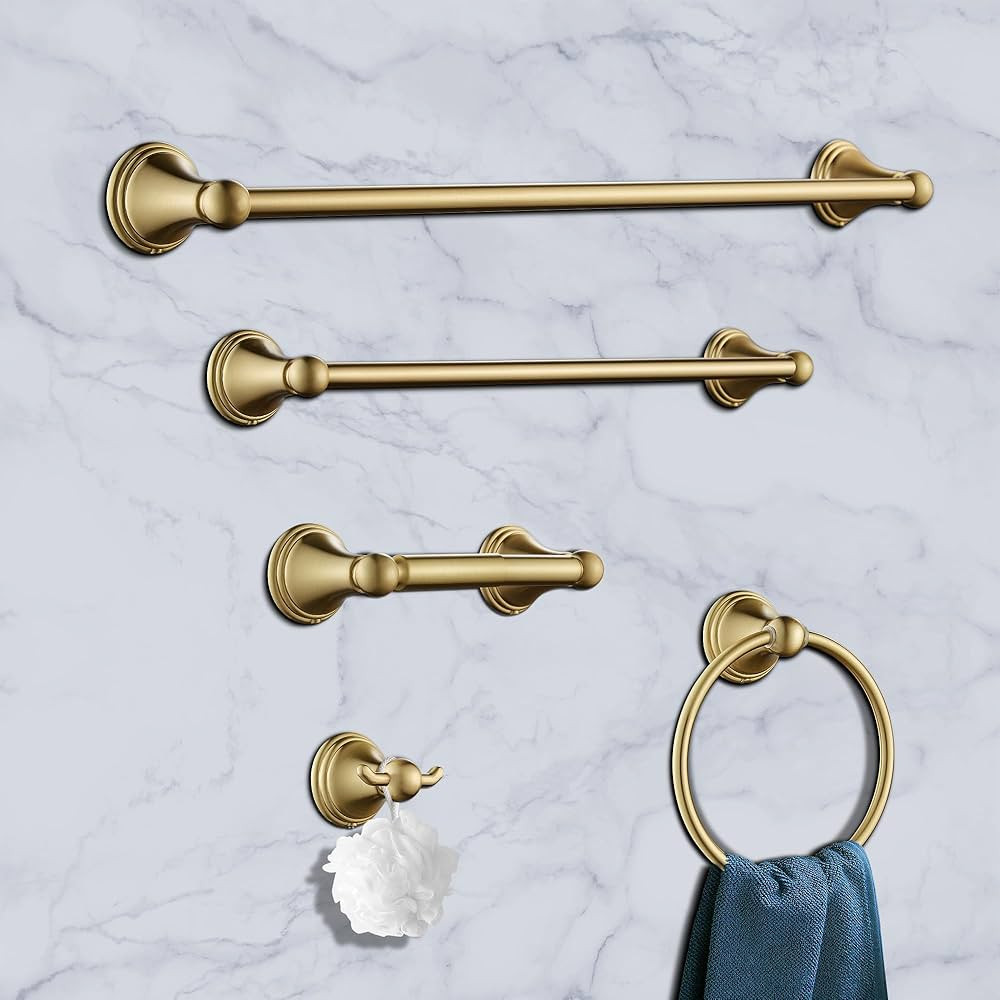 Amazon.com: FOUTLQ Bathroom Hardware Set Brushed Gold 5 Pieces, 24 Inches Towel Bar Set Wall Moun... | Amazon (US)