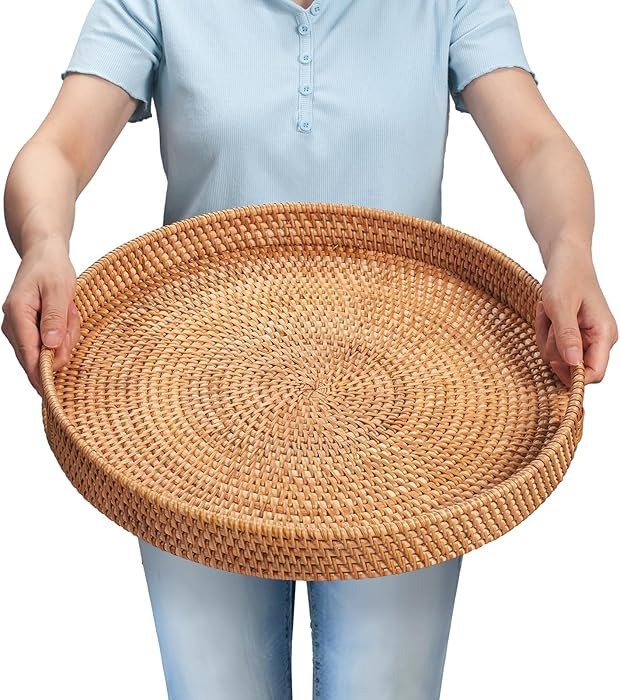 Rattan Large Serving Tray, Wicker Round Fruit/Bread Serving Basket, Extra Large Decorative Ottoma... | Amazon (US)