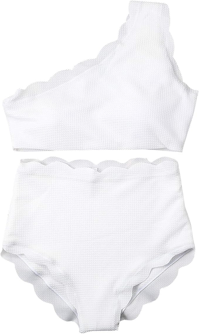 High Waisted Bikini Set One Shoulder Vintage Scalloped Flounced Swimsuit Wavy Edge Swimwear | Amazon (US)