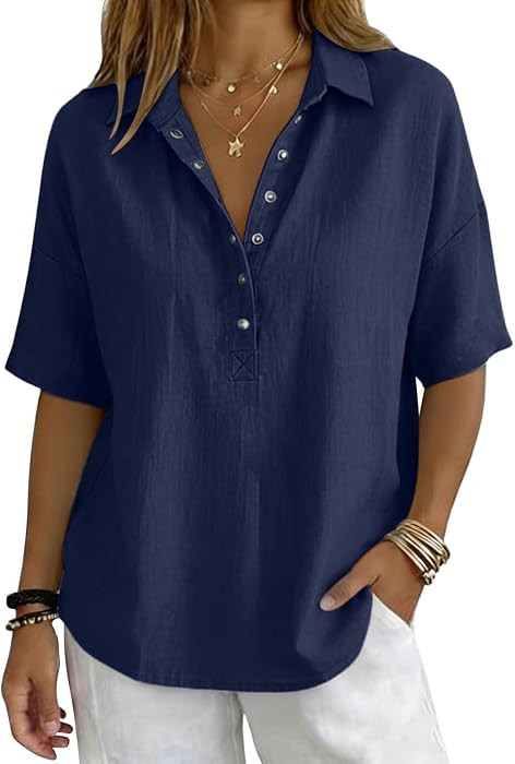 Linen Tops for Women 2026 Summer Half Sleeve V Neck Henley Shirt Dressy Casual Blouses | Amazon (US)
