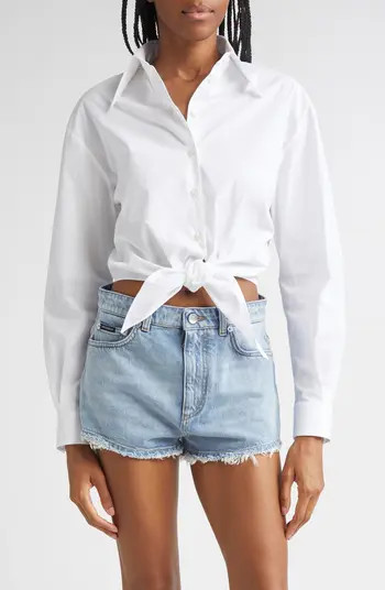 Tie Font Stretch Poplin Crop Button-Up Shirt | Nordstrom