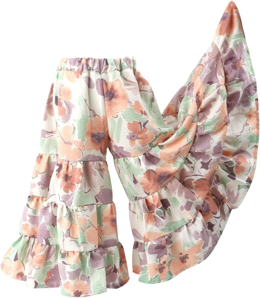 HOOLCHEAN Toddler Little Girls Wide Leg Seersucker Floral Pants Loose Fit Large Hem | Amazon (US)