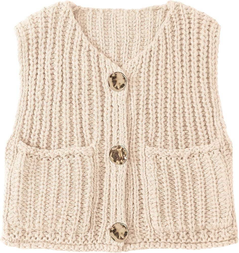 UEU Womens Chunky Sweater Vest Button Down Sleeveless Cardigan V Neck Crop Crochet Knit Tops 2025... | Amazon (US)