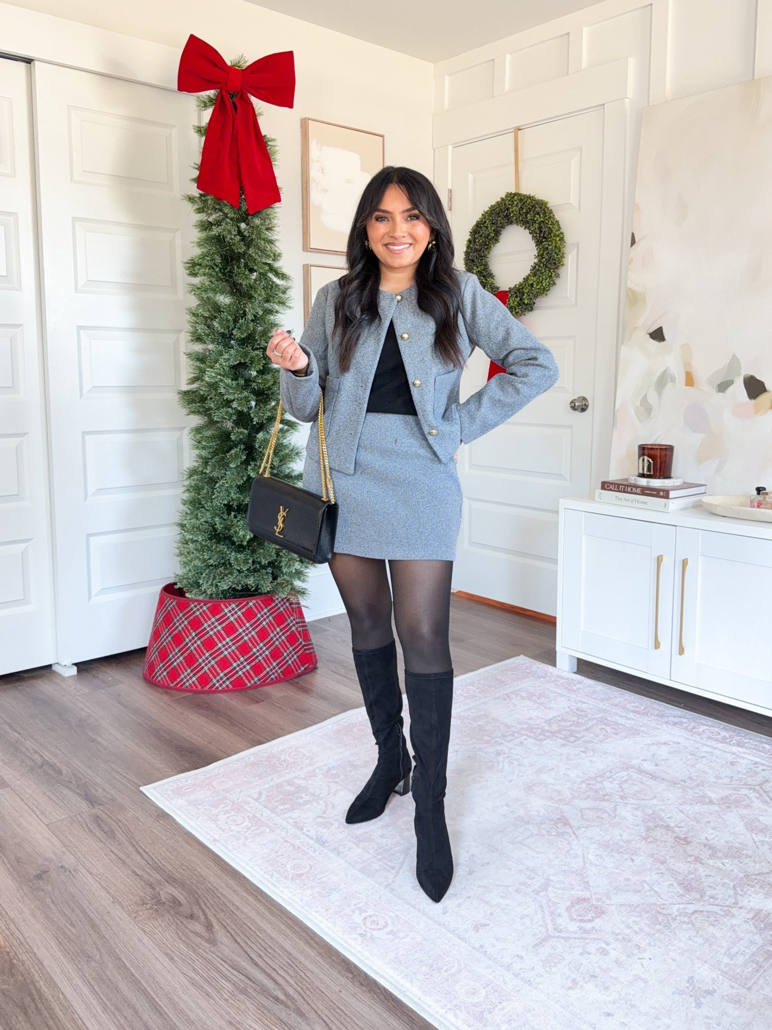 Gray boucle lady jacket size xs TTS
Gray boucle skirt size 2 TTS
Black sweater - similar linked
Black tights size small TTS
Black boots - similar linked

#LTKPetite #LTKFindsUnder50 #LTKFindsUnder100