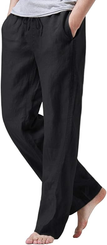 iWoo Mens Cotton Linen Drawstring Pants Elastic Waist Casual Jogger Yoga Pants | Amazon (US)