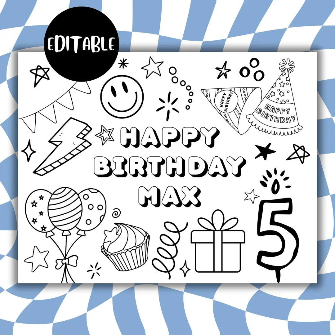 EDITABLE Coloring Sheet for 5th Birthday, Add Your Own Name, Whimsical Fun Cute Coloring Page, Pa... | Etsy (Global)