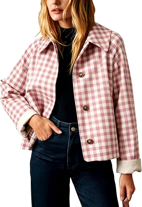 Bankeng Womens Cropped Gingham Trench Jacket Plaid Lapel Button Front Lightweight Casual Coat Out... | Amazon (US)