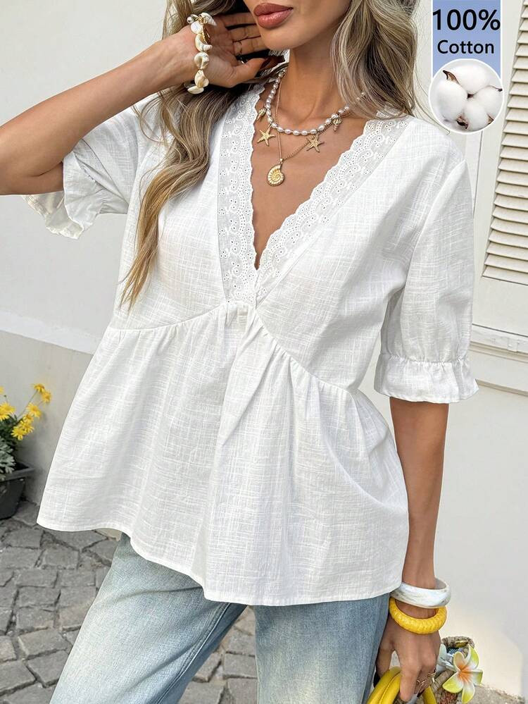 SHEIN LUNE Women's Casual White Cotton Doll Shirt Summer Tops Summer Outfit For Women Beach Vacation Outfits For Women Going Out Tops Vacation Outfits Women White Shirt 100% Cotton Women Clothing Vacation Outfits Women Spring Outfits | SHEIN