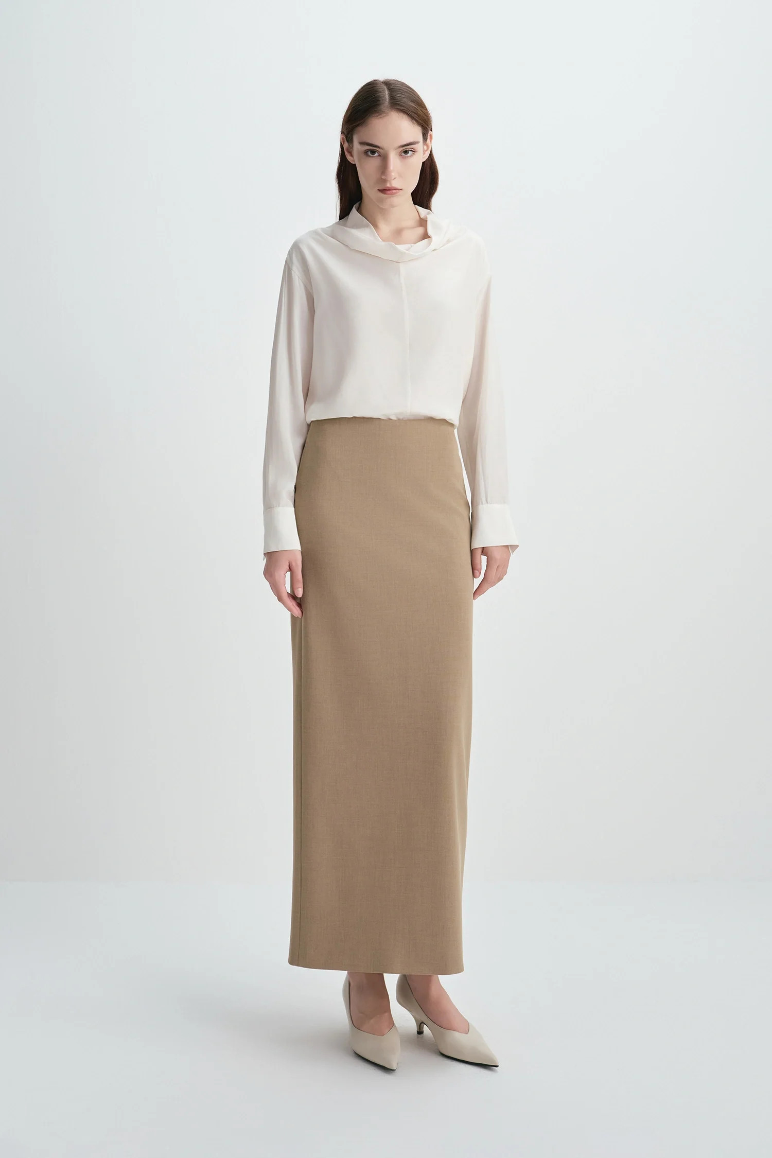 Desy Zip Slit Pencil Skirt | Taupe Long Pencil Skirt | Rue Sophie
