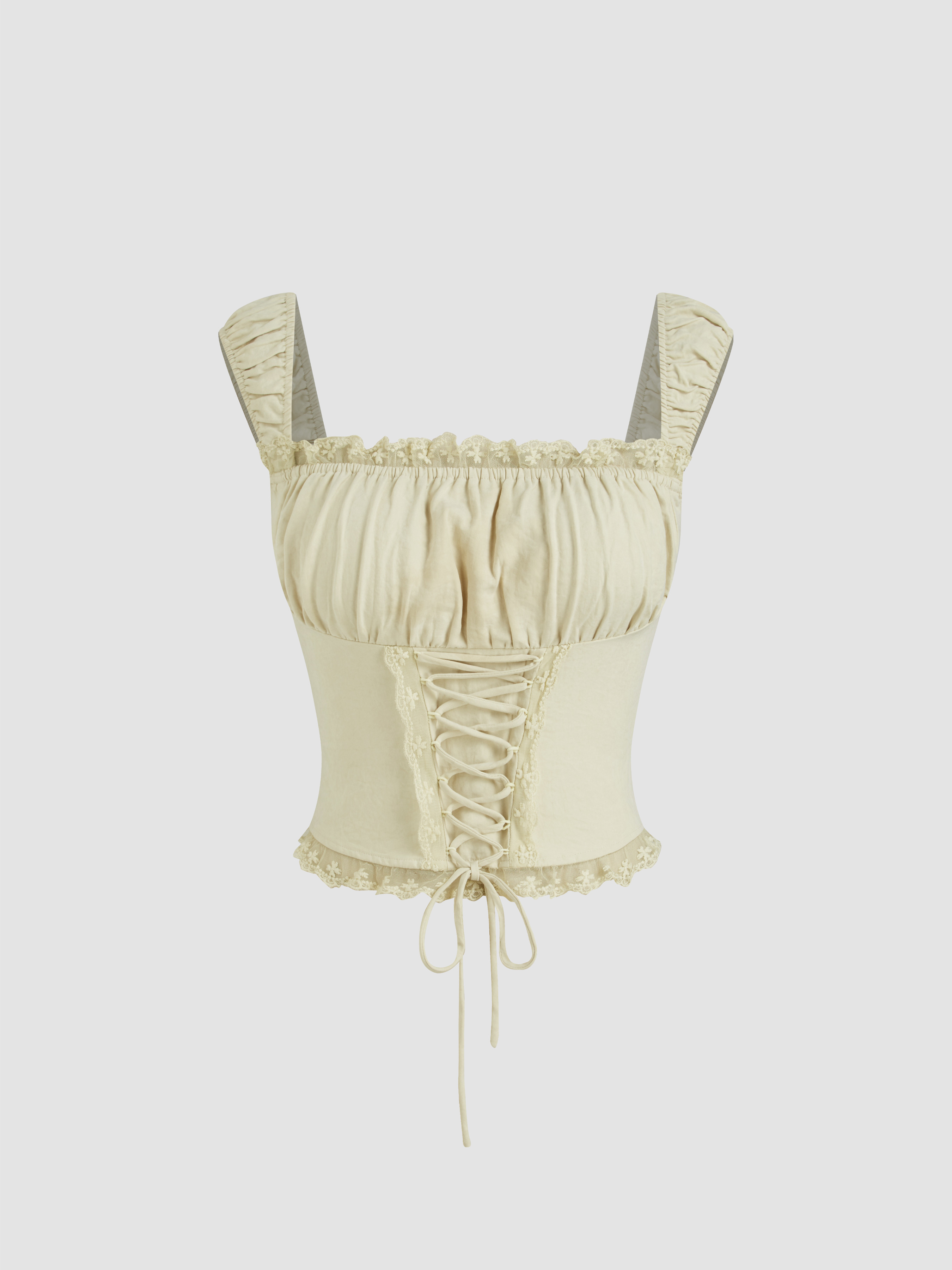 Woven Square Neck Lace Up Lettuce Trim Tank Top For Date | Cider