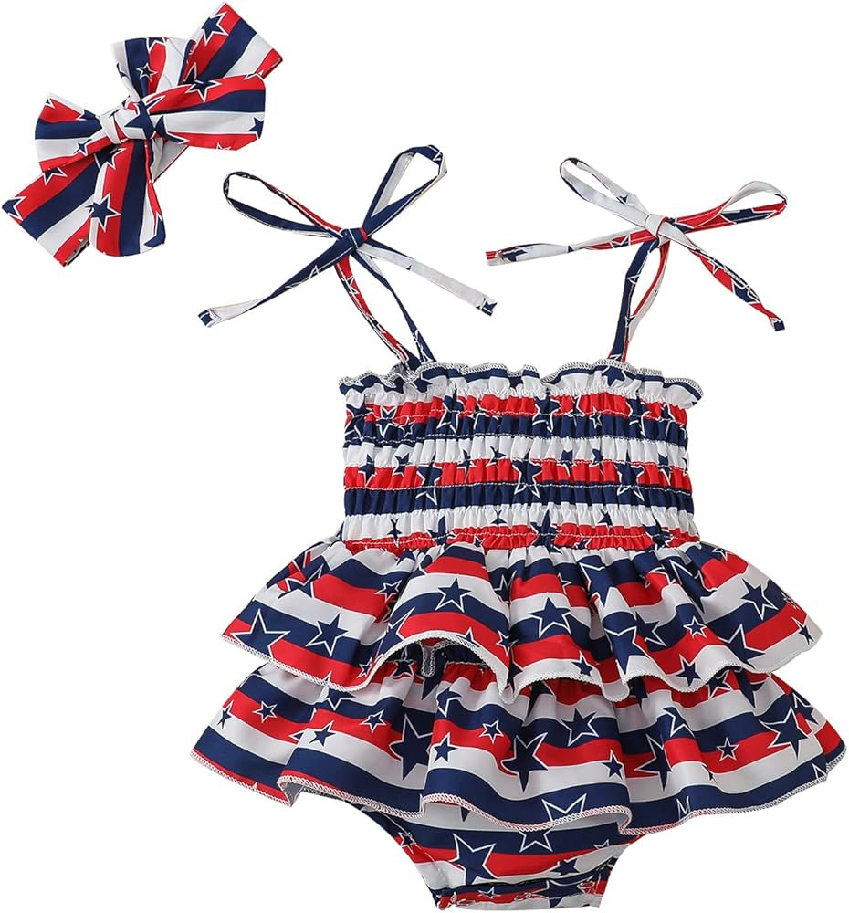 Noubeau Toddler Baby Girl 4th of July Dresses Independence Day Outfit Kid American Flag Stars Str... | Amazon (US)