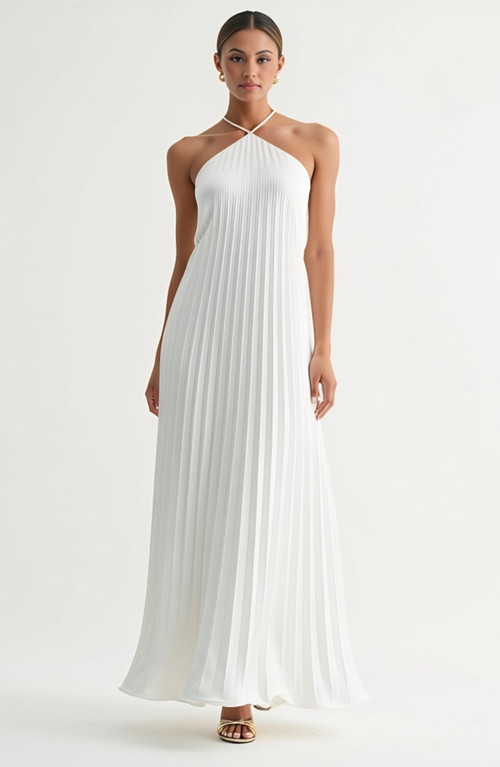 Modenaire Backless Pleated Crisscross-Strap Maxi Dress in White at Nordstrom, Size Large | Nordstrom