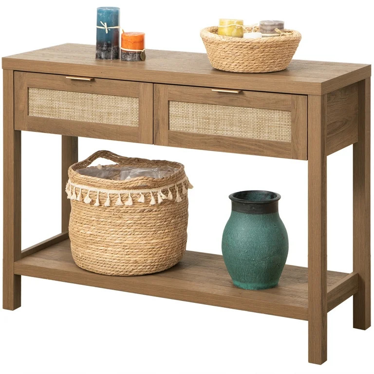 Omni House Rattan Console Table with Drawers and Open Storage Shelf,Sofa Table Entryway Table for... | Walmart (US)