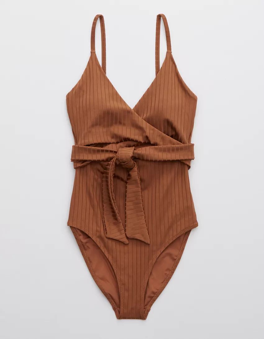 Aerie Ribbed Shine Wrap One Piece Swimsuit | American Eagle Outfitters (US & CA)