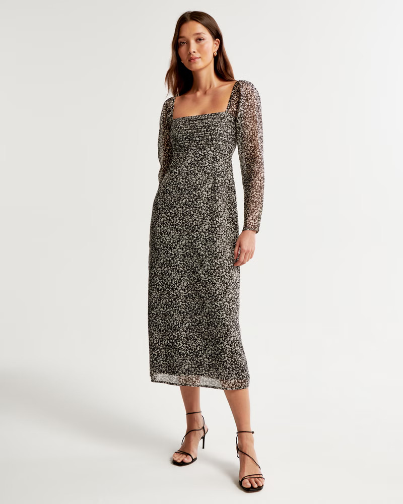 The A&F Emerson Chiffon Long-Sleeve Midi Dress | Abercrombie & Fitch (US)