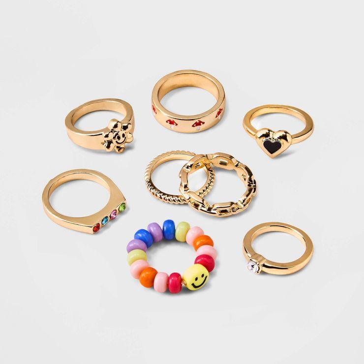 Girls' 8pk Mushroom & Smiley Ring Set - art class™ | Target